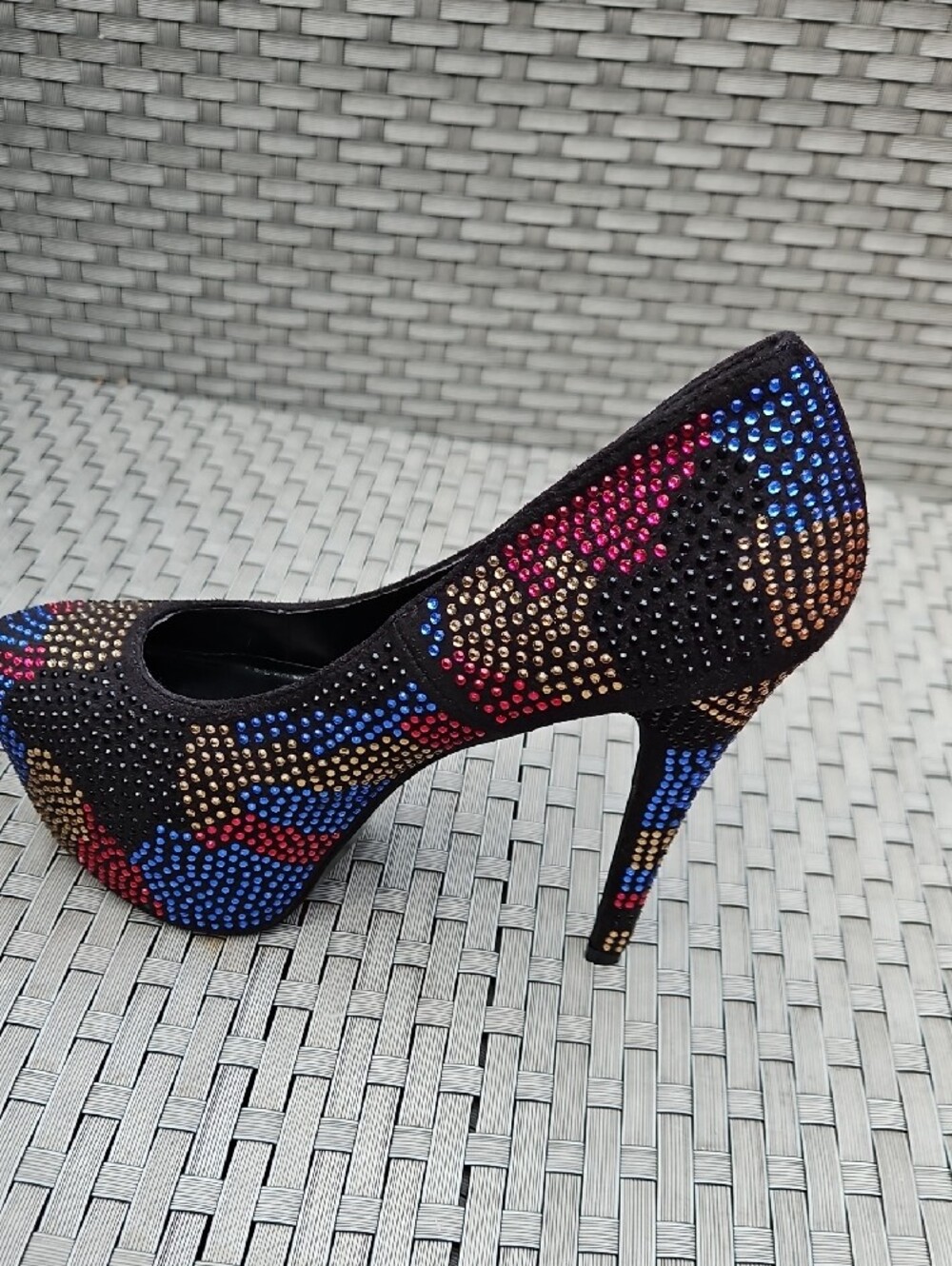 Traffic Black Platform Pumps with Blue Pink Red and Gold Accents. Size 10